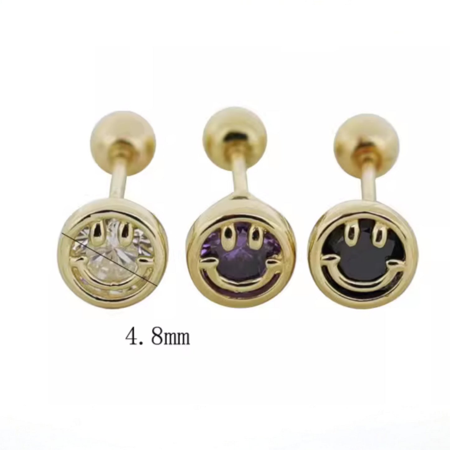 14K Real Gold Mini Screw On Zircon Smiley Happy Face Earrings