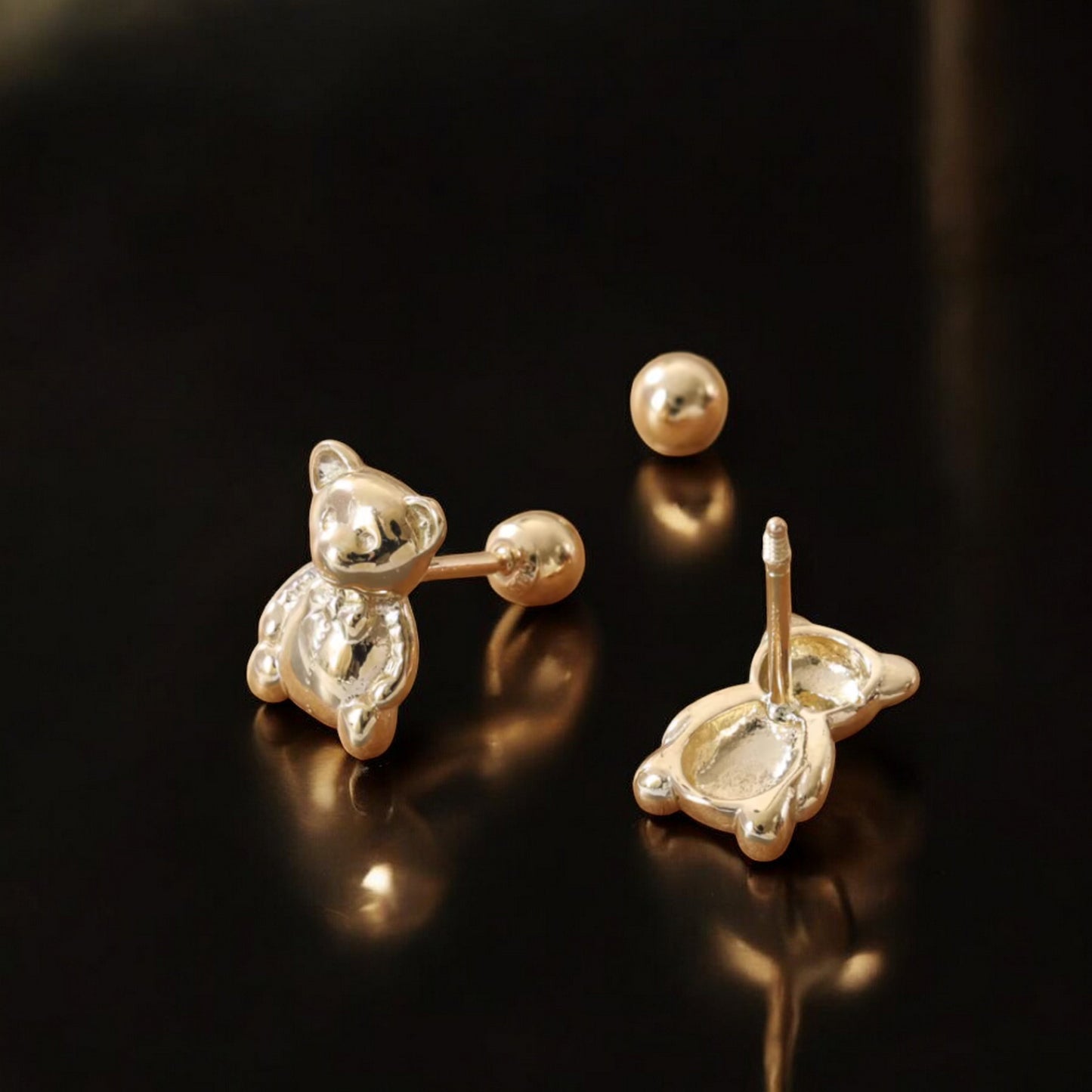 14K Real Gold Cute Teddy Bear Screw Back Earrings