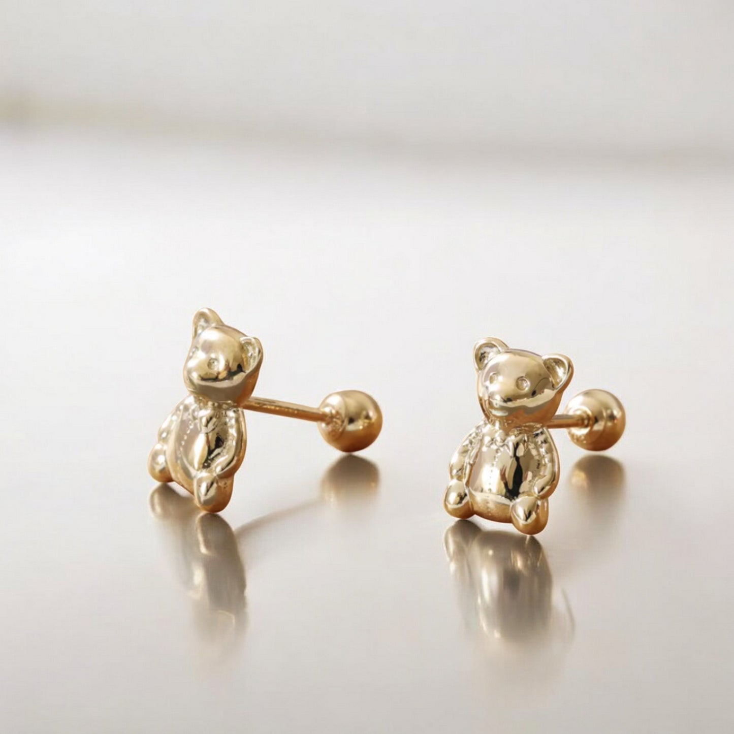 14K Real Gold Cute Teddy Bear Screw Back Earrings