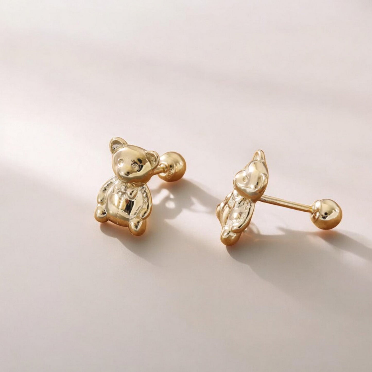 14K Real Gold Cute Teddy Bear Screw Back Earrings