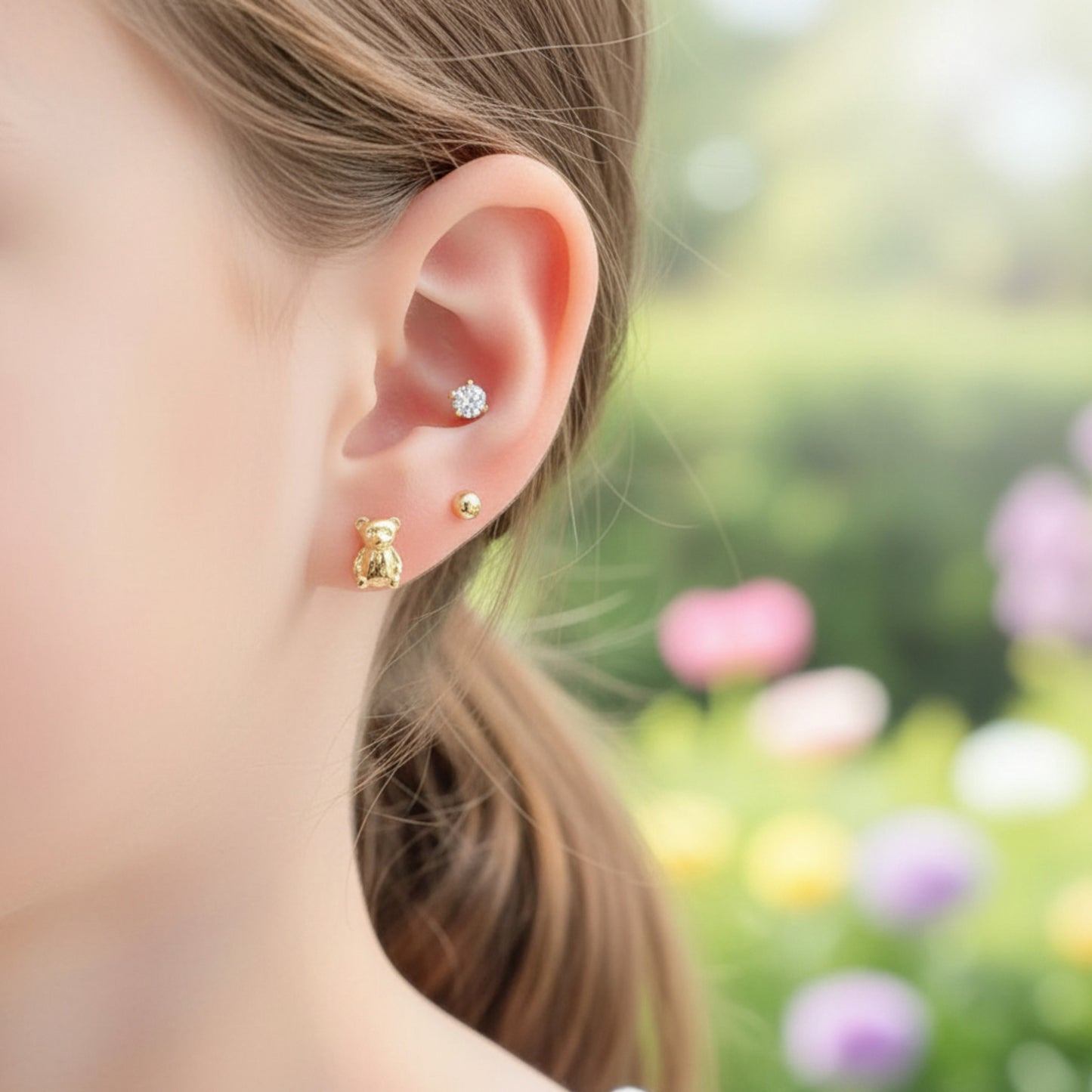 14K Real Gold Cute Teddy Bear Screw Back Earrings