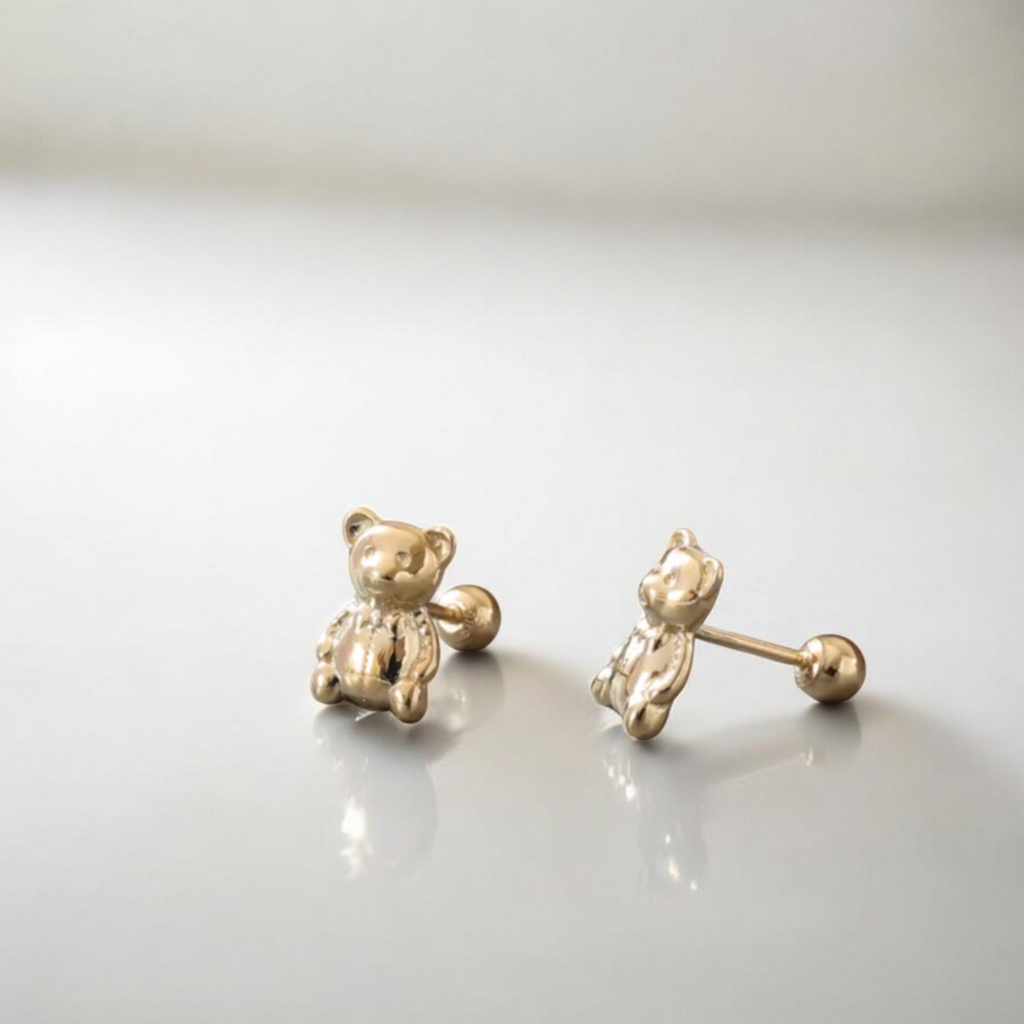 14K Real Gold Cute Teddy Bear Screw Back Earrings