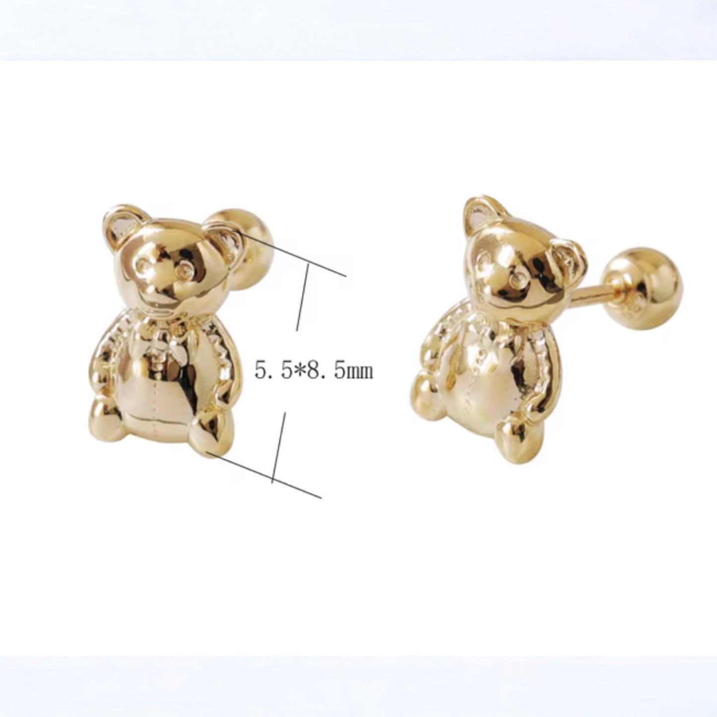 14K Real Gold Cute Teddy Bear Screw Back Earrings