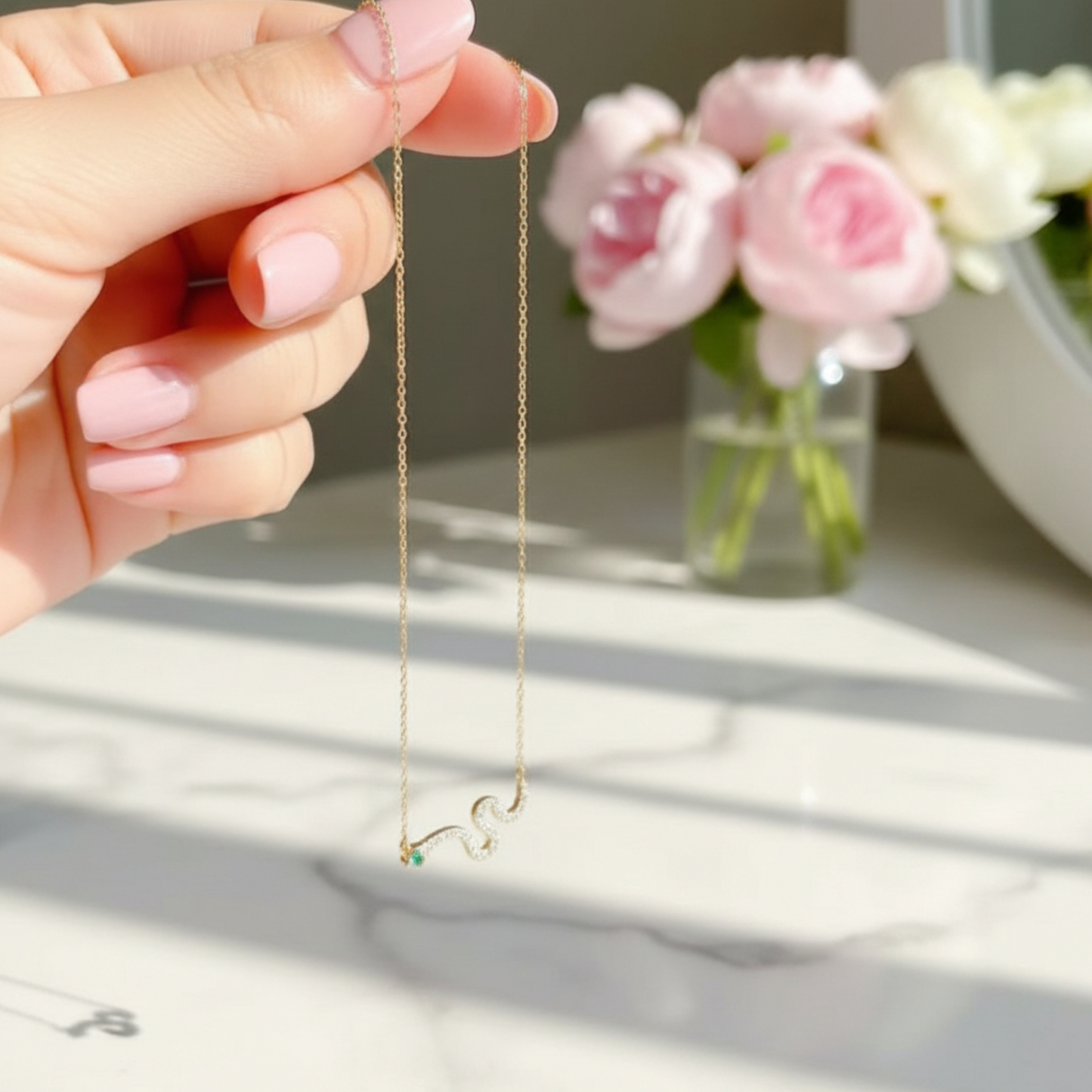 14K Gold Zircon Snake Pendant Necklace