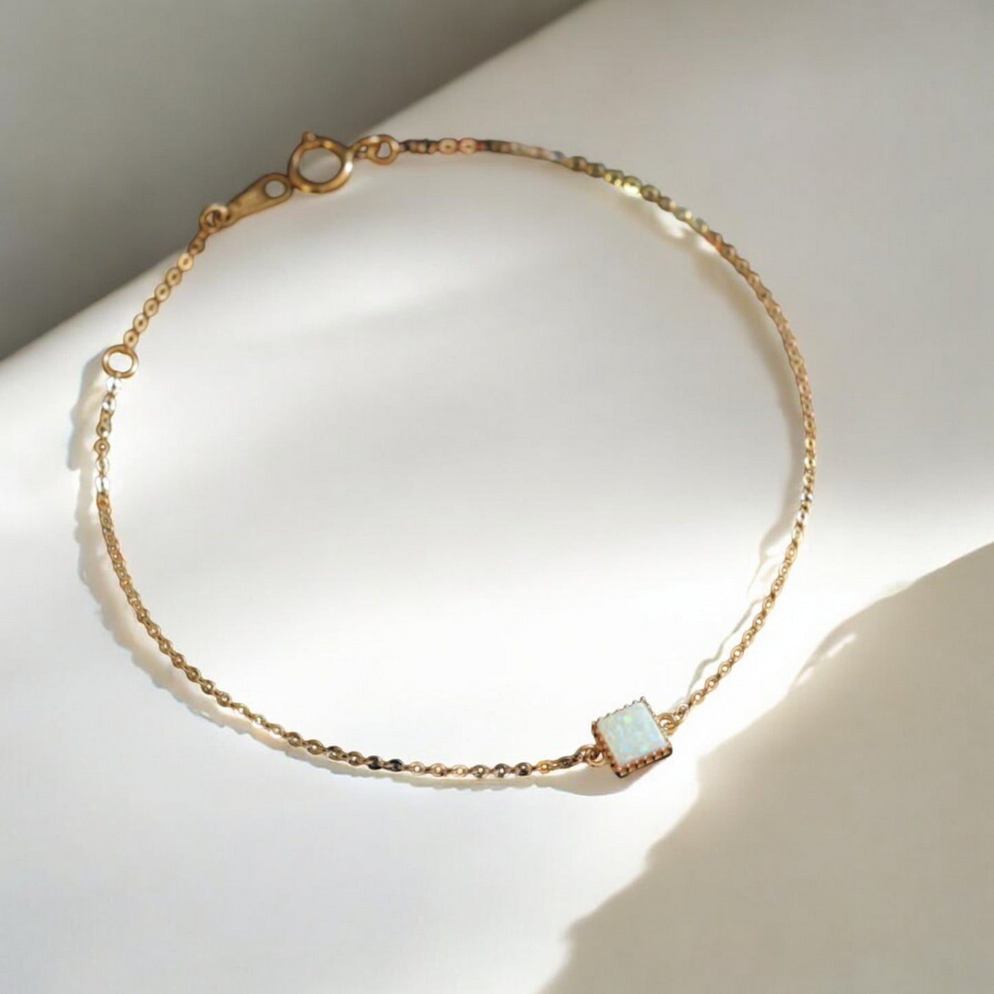 14K Gold Minimal Rectangle Square and Round Opal Gemstone Charm Bracelet