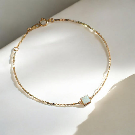 14K Gold Minimal Rectangle Square and Round Opal Gemstone Charm Bracelet