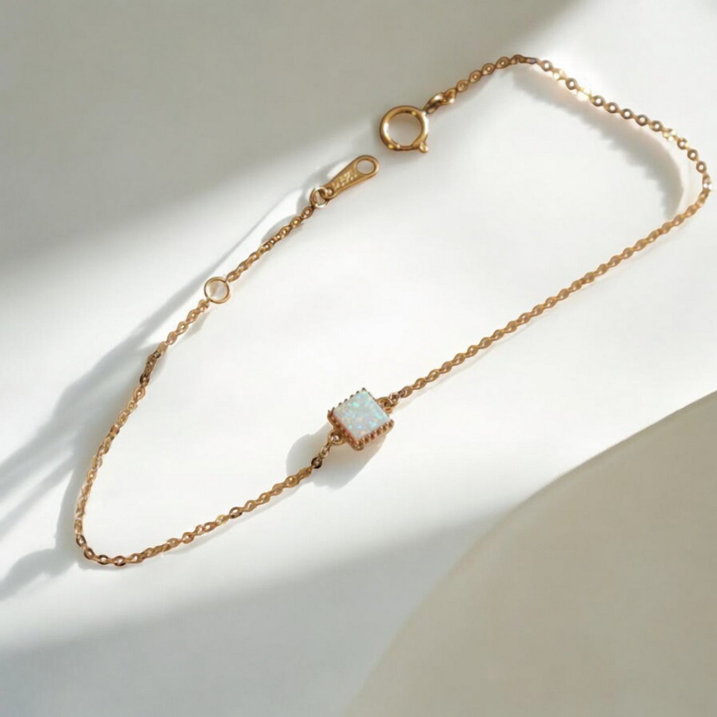 14K Gold Minimal Rectangle Square and Round Opal Gemstone Charm Bracelet