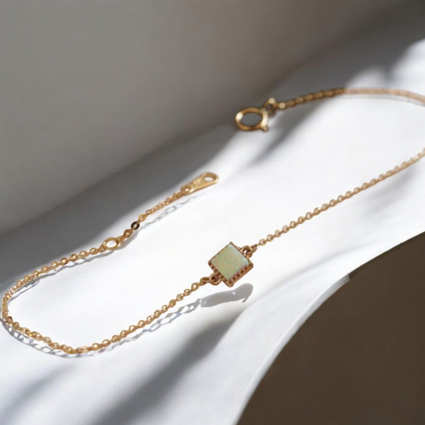 14K Gold Minimal Rectangle Square and Round Opal Gemstone Charm Bracelet