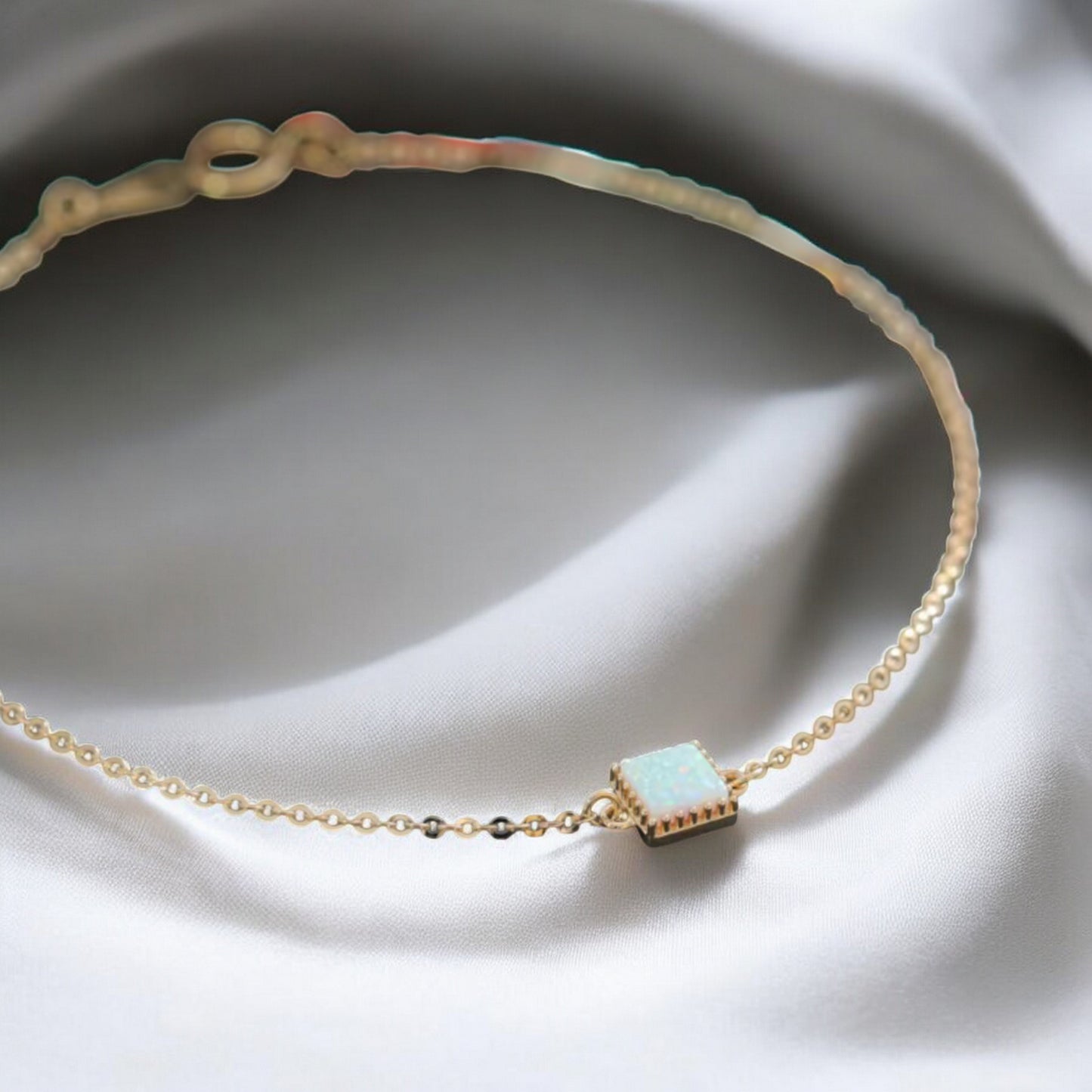 14K Gold Minimal Rectangle Square and Round Opal Gemstone Charm Bracelet