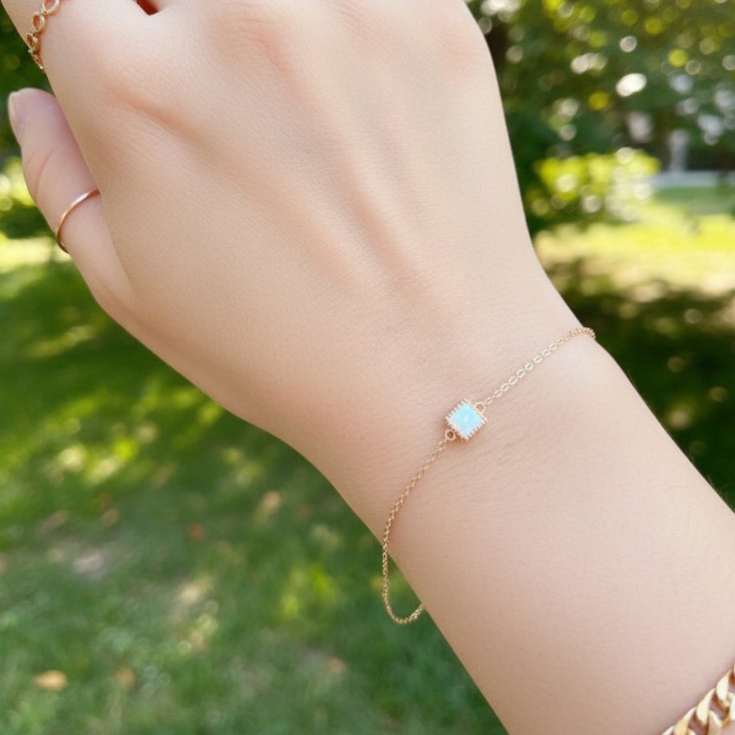 14K Gold Minimal Rectangle Square and Round Opal Gemstone Charm Bracelet