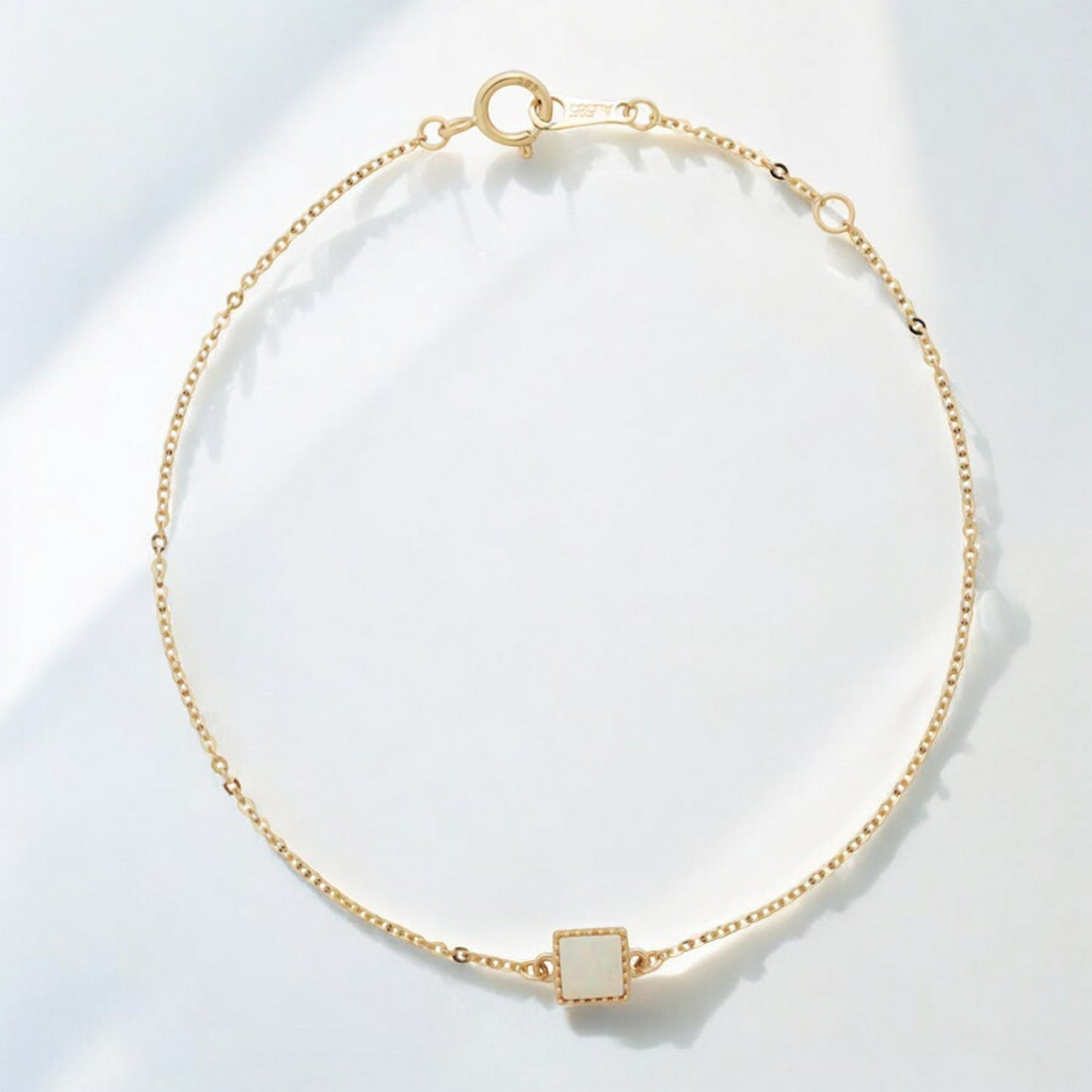 14K Gold Minimal Rectangle Square and Round Opal Gemstone Charm Bracelet