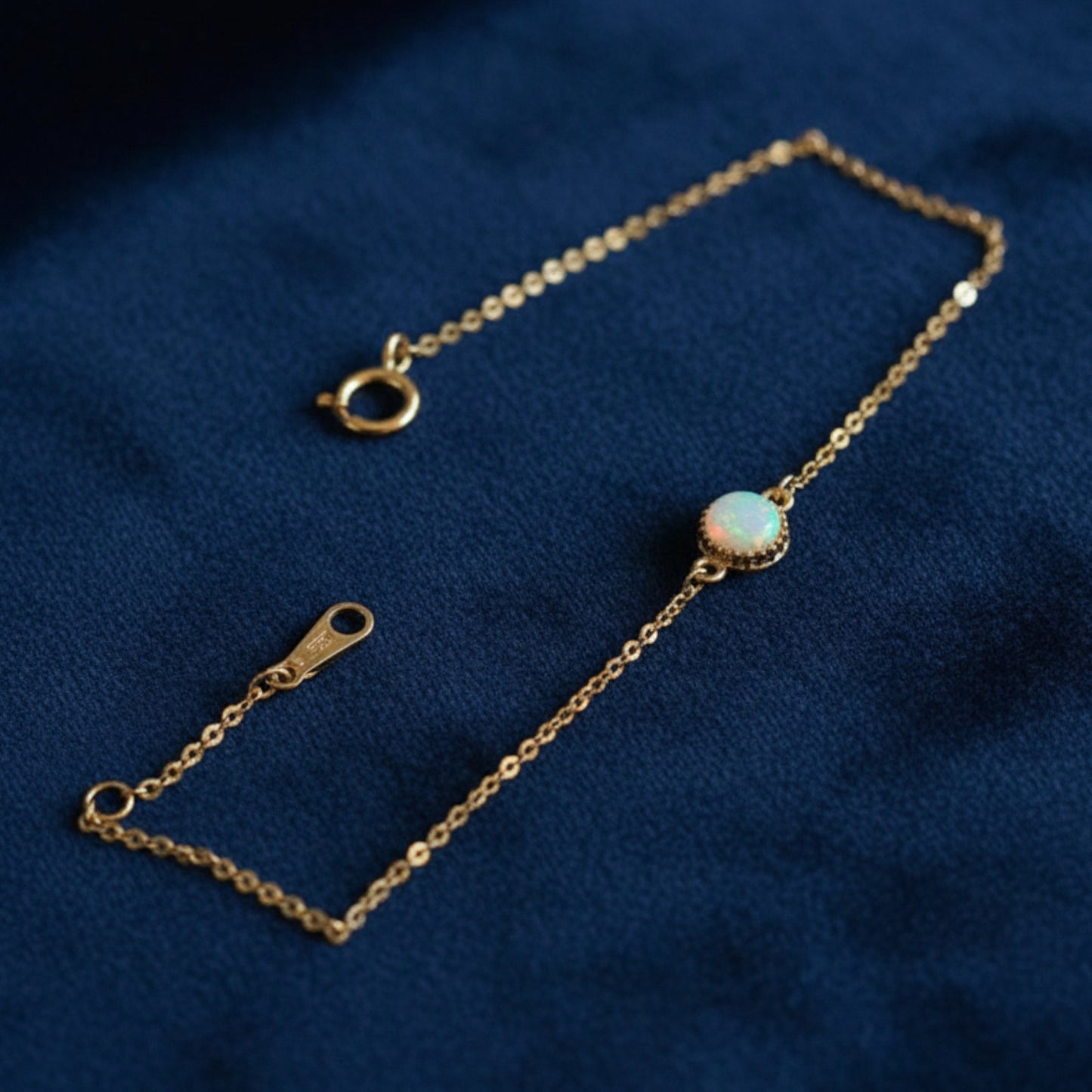 14K Gold Minimal Rectangle Square and Round Opal Gemstone Charm Bracelet