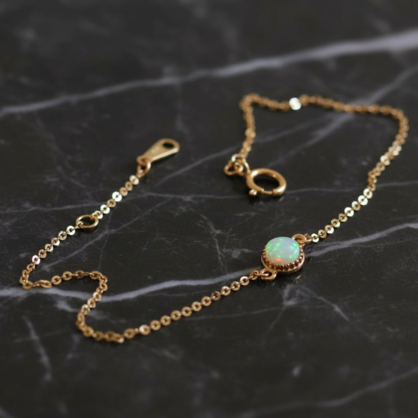 14K Gold Minimal Rectangle Square and Round Opal Gemstone Charm Bracelet