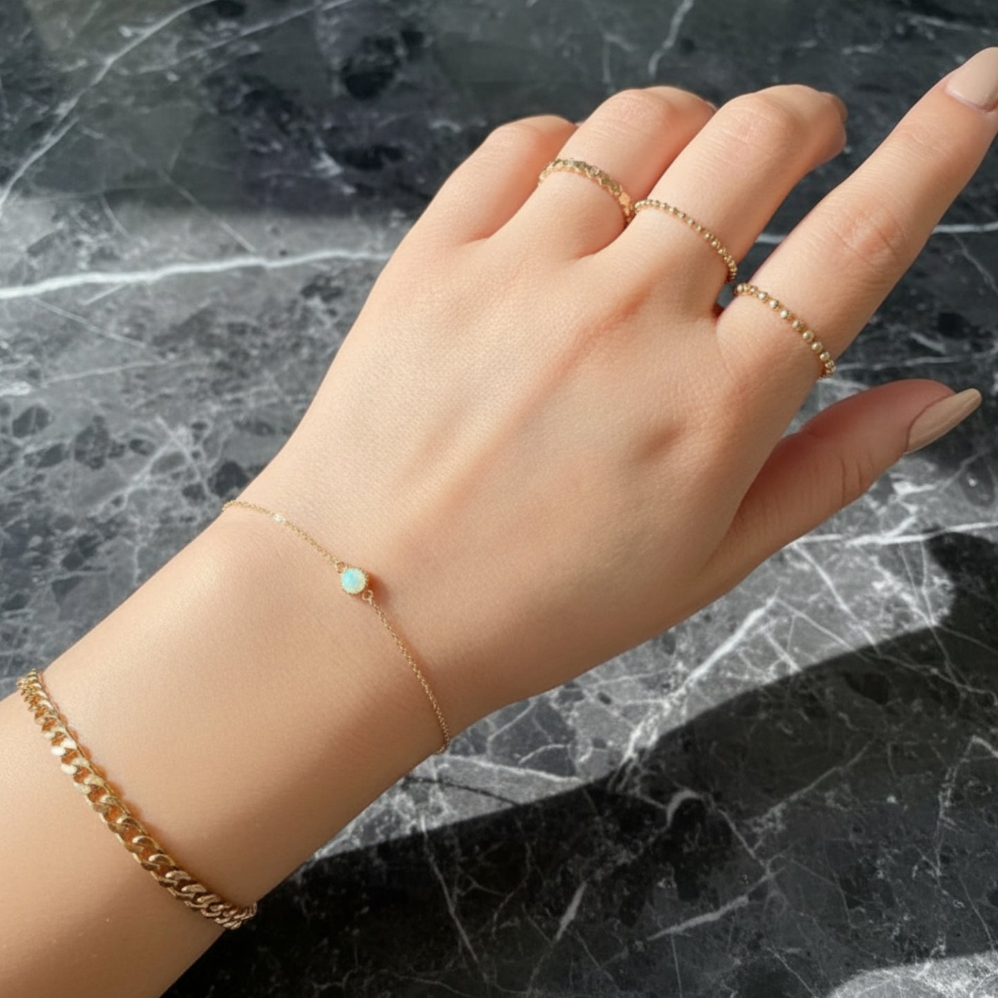 14K Gold Minimal Rectangle Square and Round Opal Gemstone Charm Bracelet