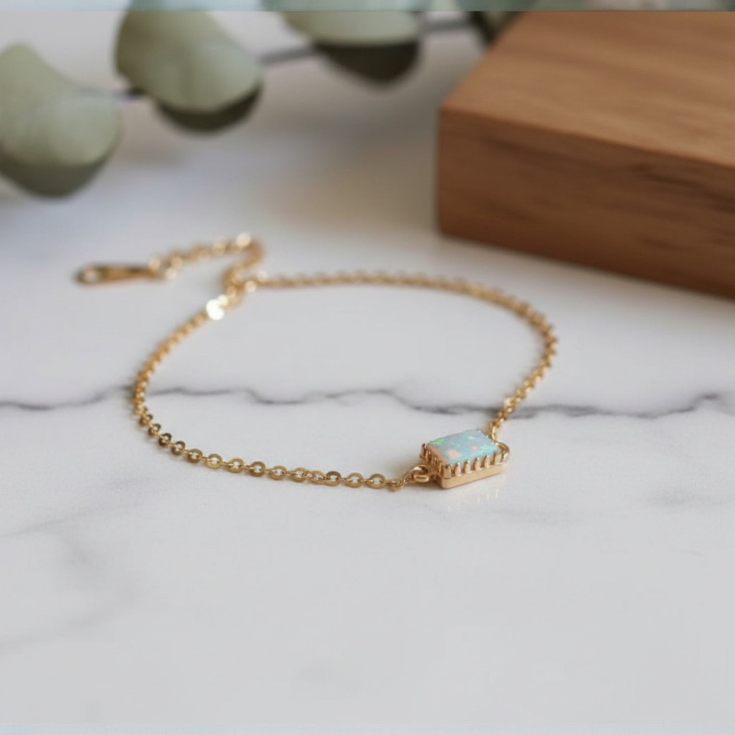 14K Gold Minimal Rectangle Square and Round Opal Gemstone Charm Bracelet