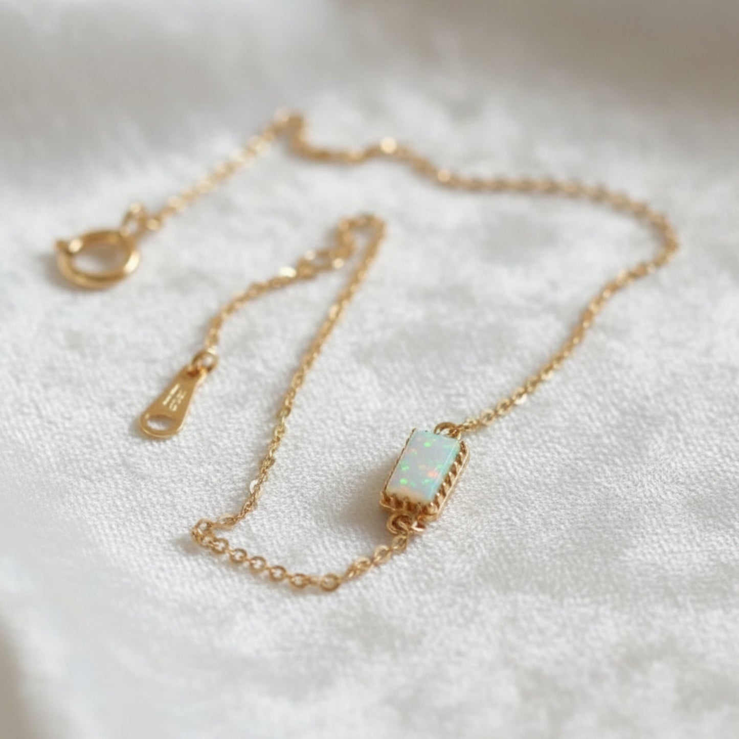 14K Gold Minimal Rectangle Square and Round Opal Gemstone Charm Bracelet