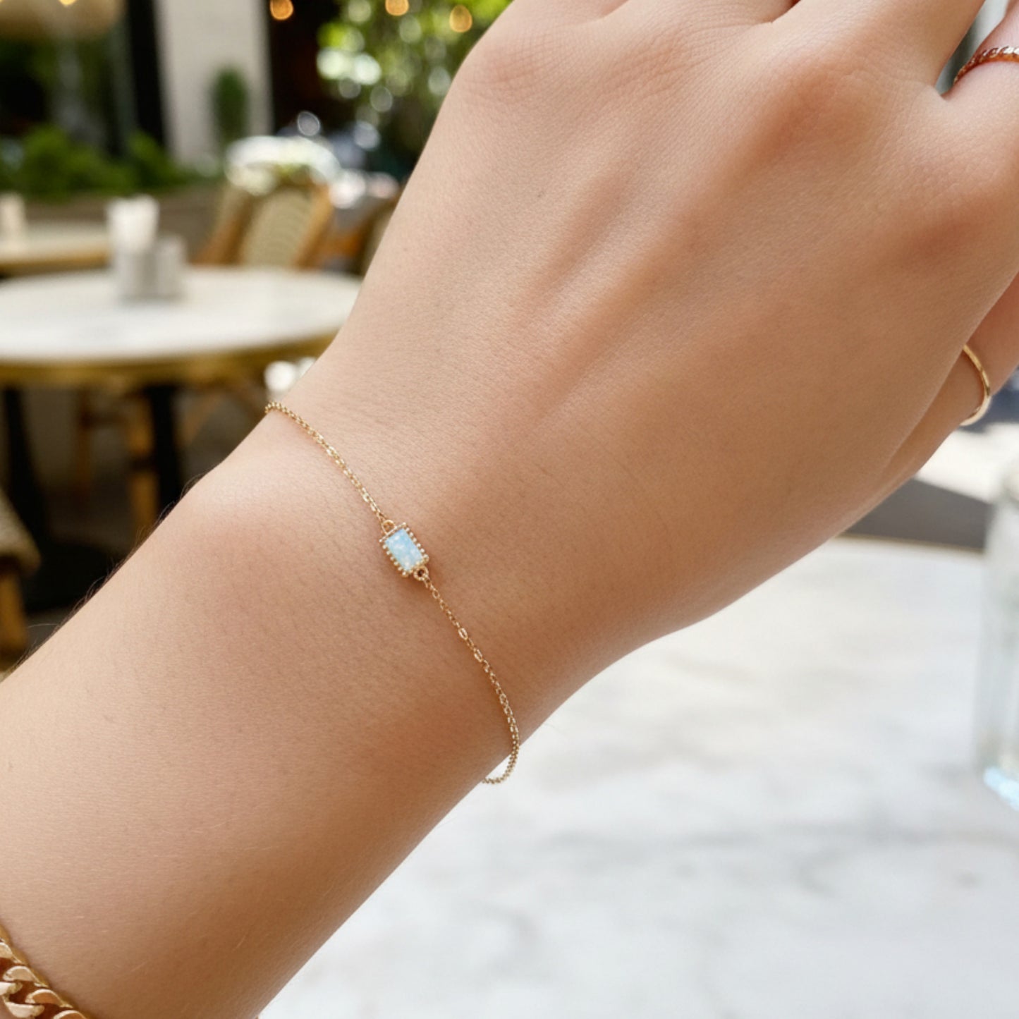 14K Gold Minimal Rectangle Square and Round Opal Gemstone Charm Bracelet