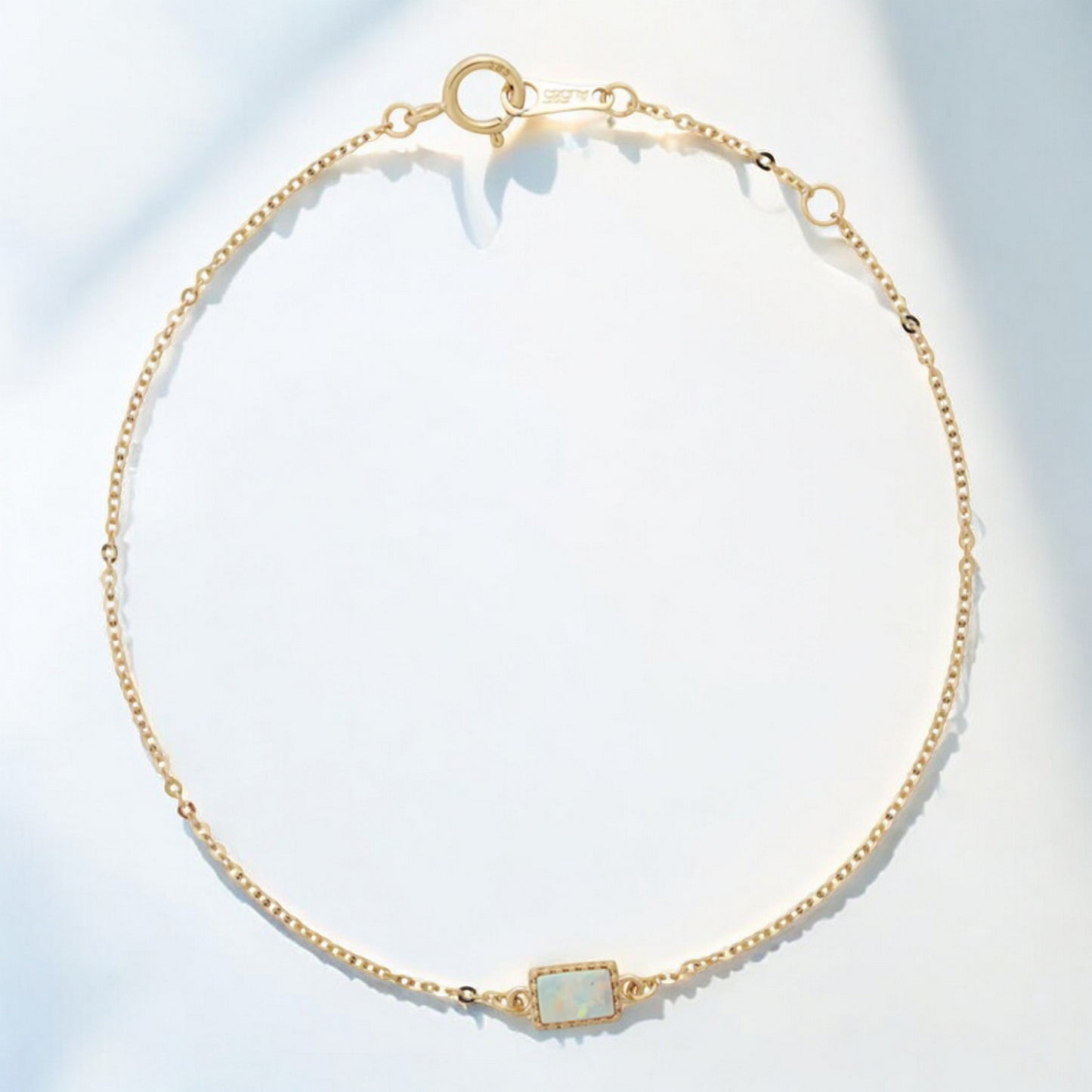 14K Gold Minimal Rectangle Square and Round Opal Gemstone Charm Bracelet