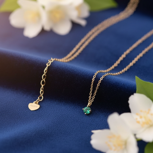14K Gold Minimal Mini Six-Prong Green and Clear Zircon Pendant Necklace