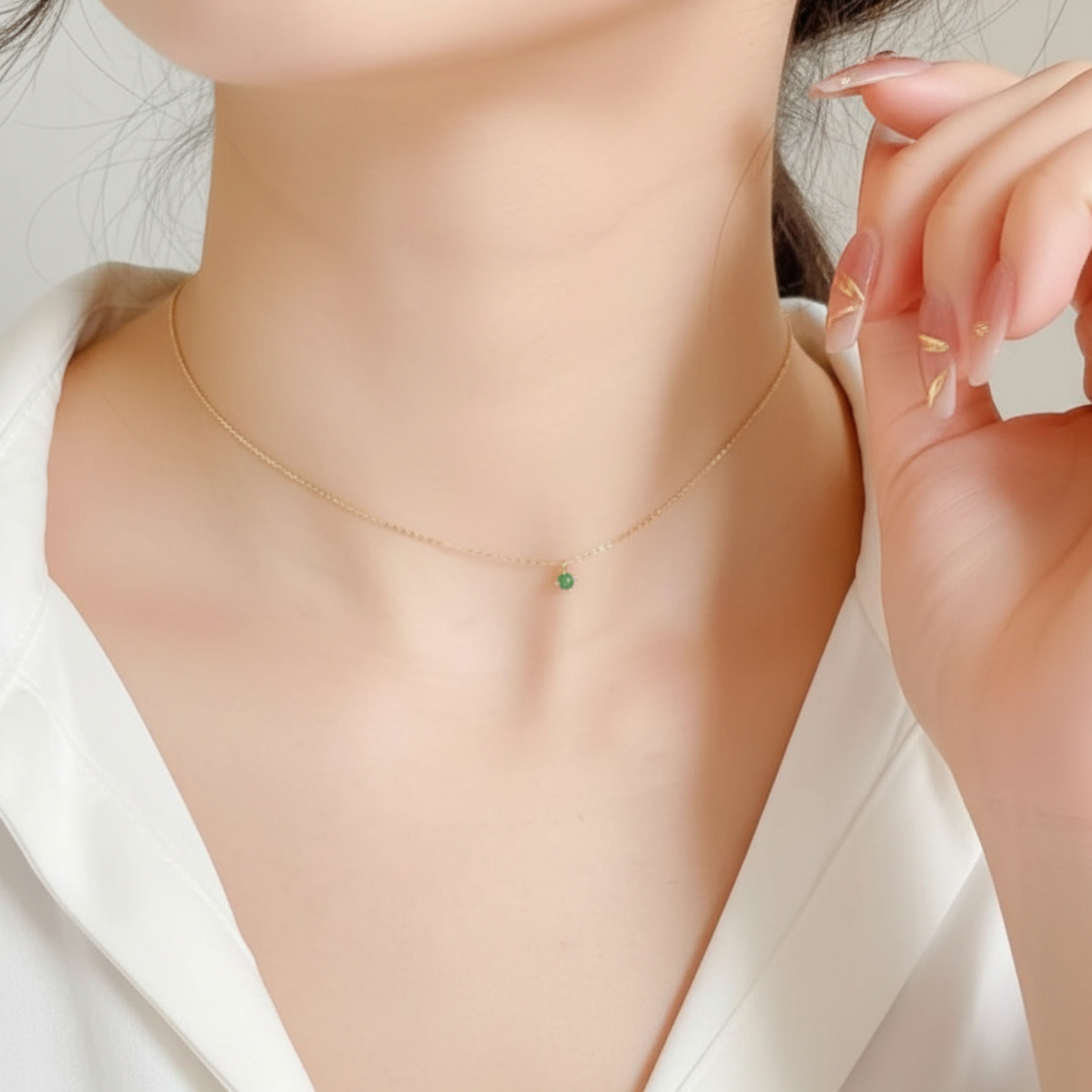 14K Gold Minimal Mini Six-Prong Green and Clear Zircon Pendant Necklace