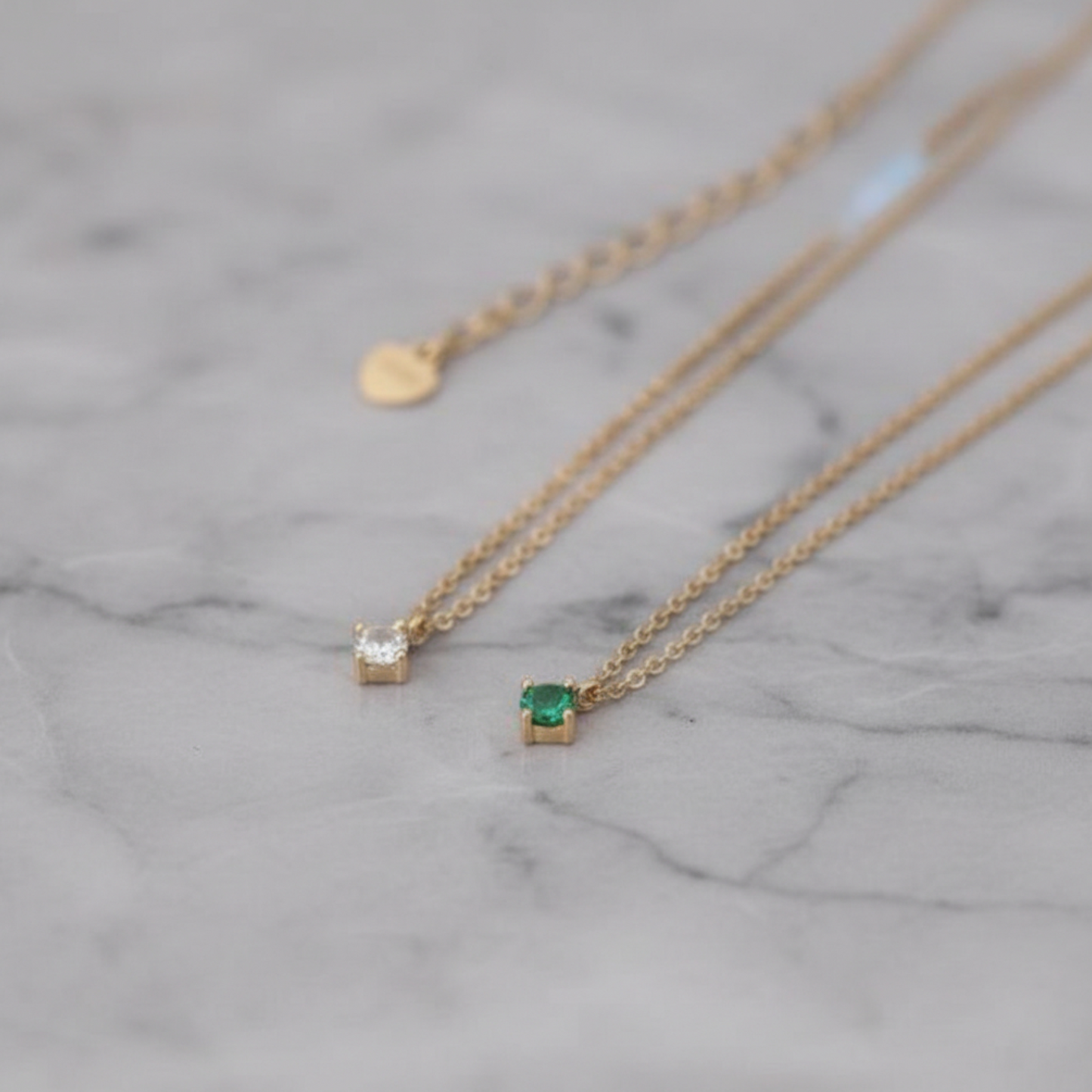 14K Gold Minimal Mini Six-Prong Green and Clear Zircon Pendant Necklace