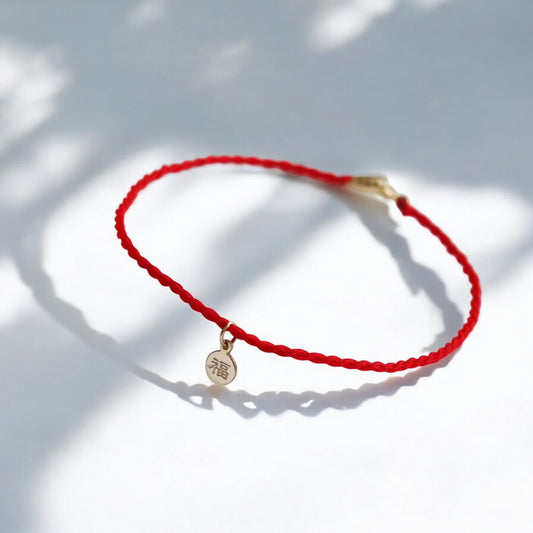 14K Gold Chinese Blessing Charm with Red Braided Rope Bracelet