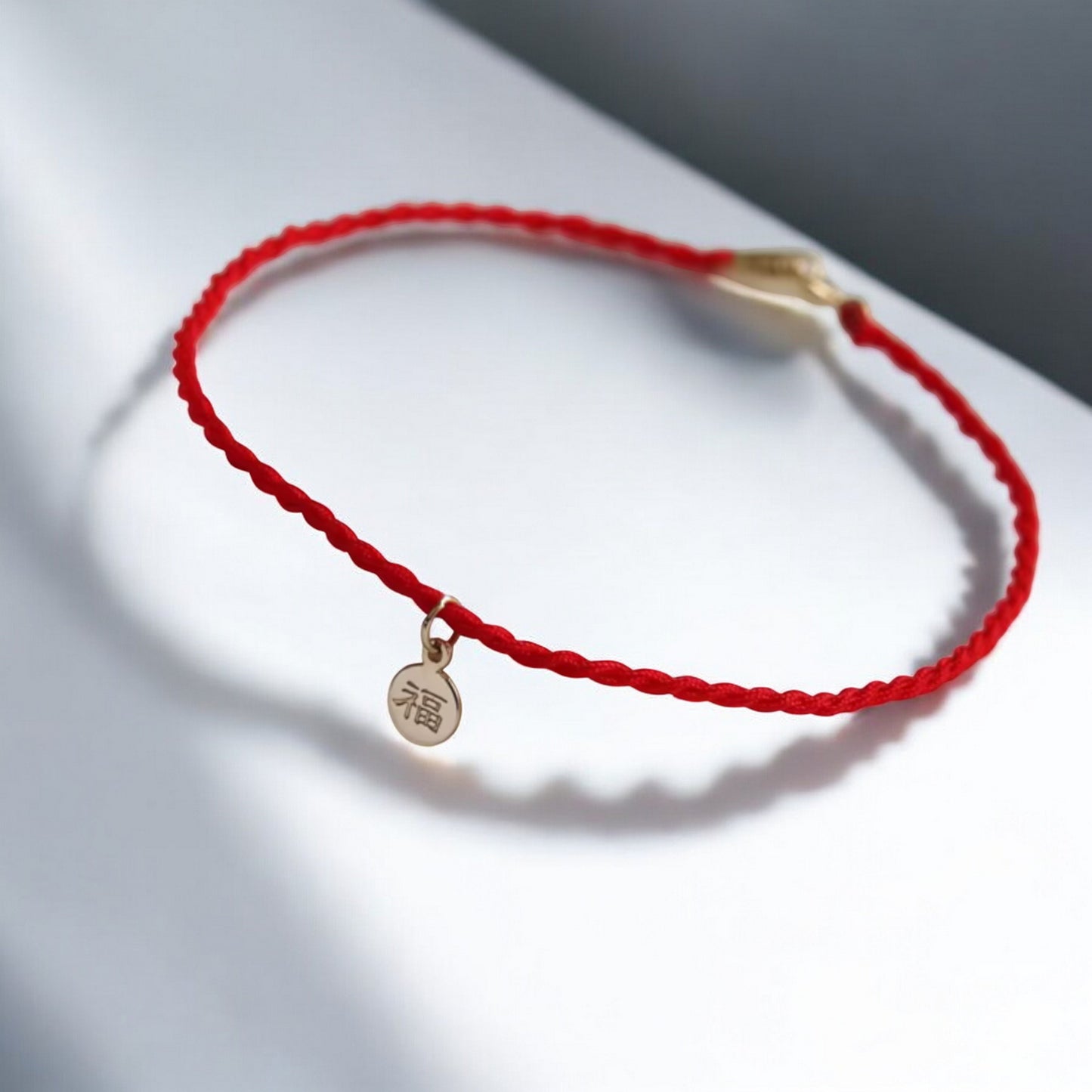 14K Gold Chinese Blessing Charm with Red Braided Rope Bracelet