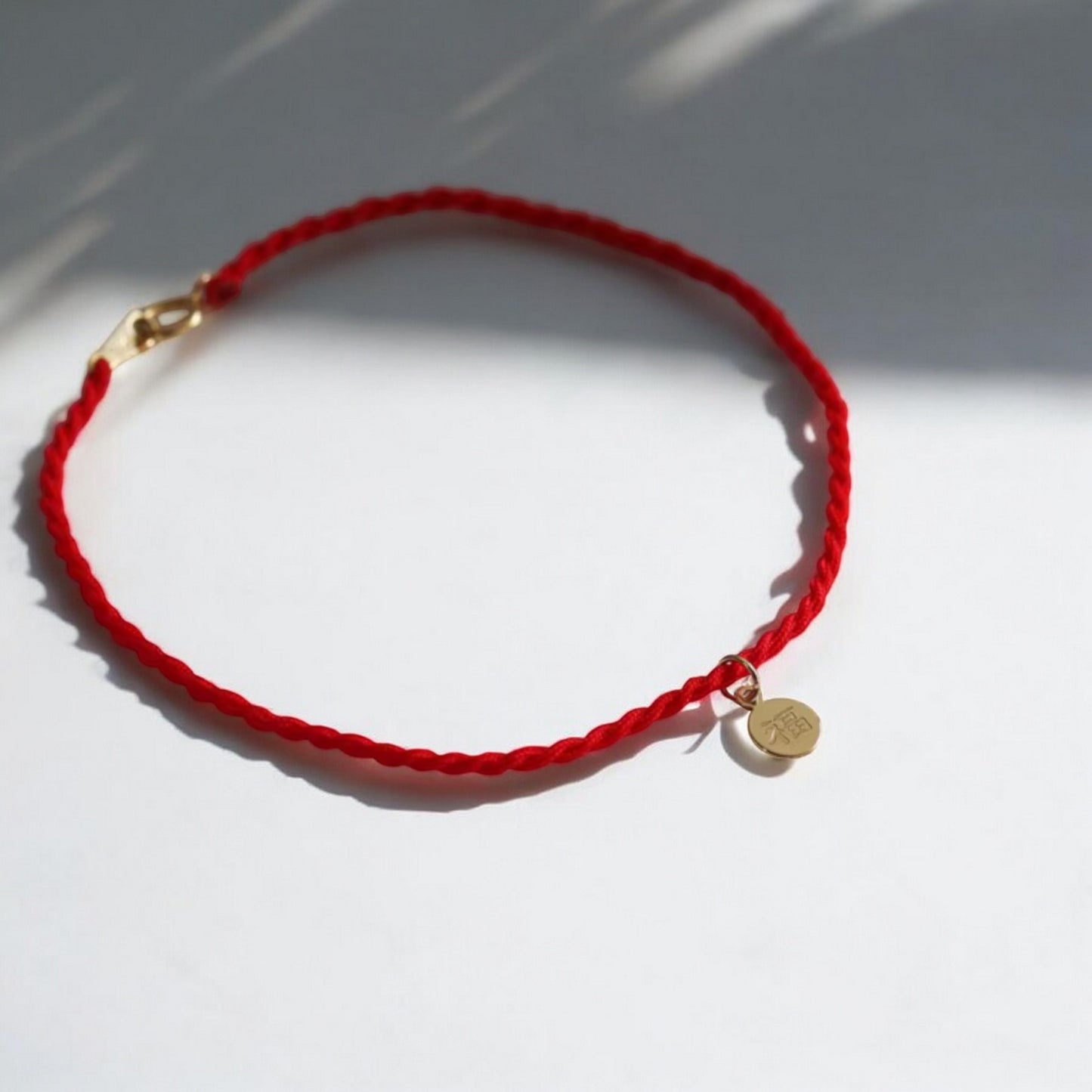 14K Gold Chinese Blessing Charm with Red Braided Rope Bracelet