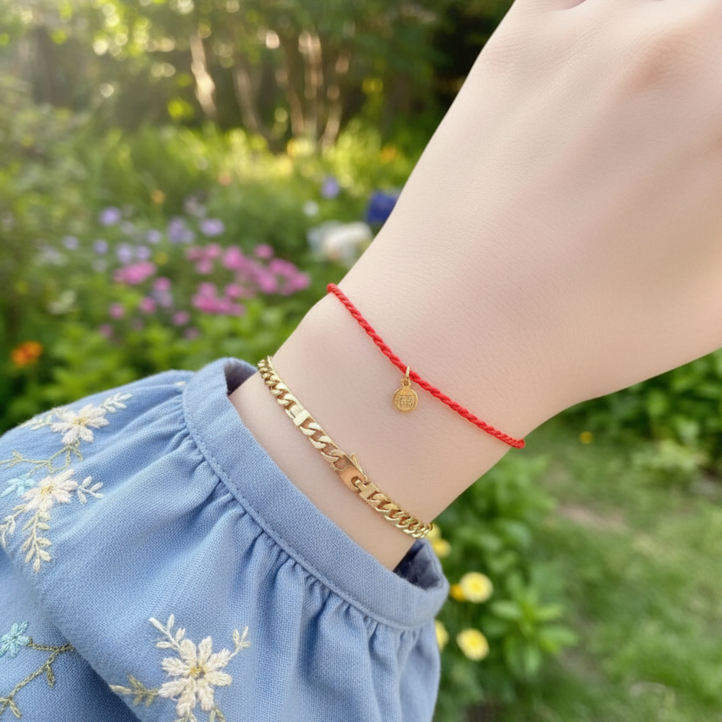 14K Gold Chinese Blessing Charm with Red Braided Rope Bracelet