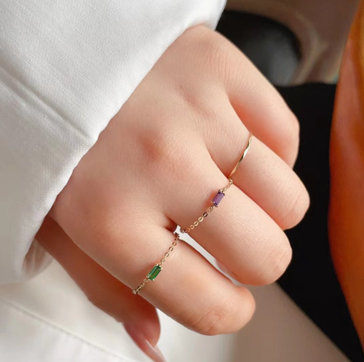 14K Real Gold Luxury Green Purple Pull Soft Chain Adjustable Ring
