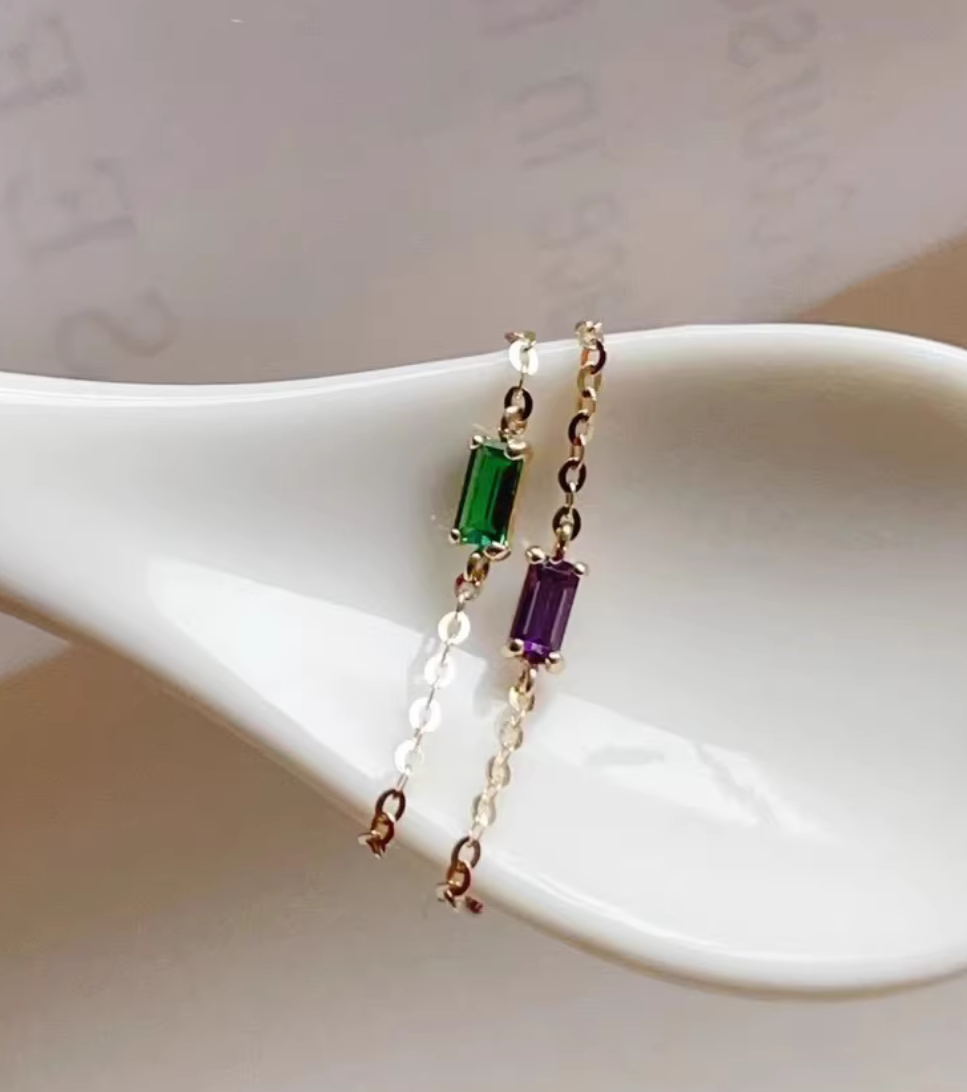 14K Real Gold Luxury Green Purple Pull Soft Chain Adjustable Ring
