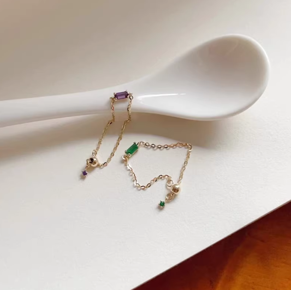 14K Real Gold Luxury Green Purple Pull Soft Chain Adjustable Ring