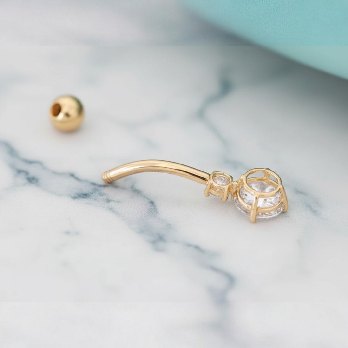 14K Real Gold Screw Minimal Four-Prong Zircon Belly Button Ring