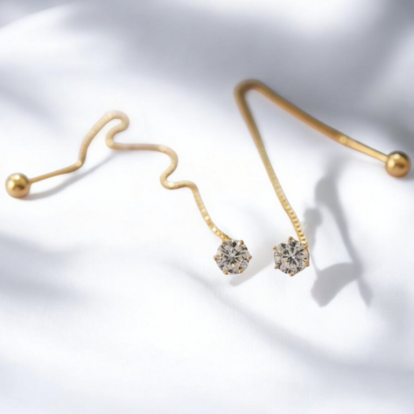 14K Real Gold Sparkling Six-Prong Long Tassel Threader Screw Back Earrings