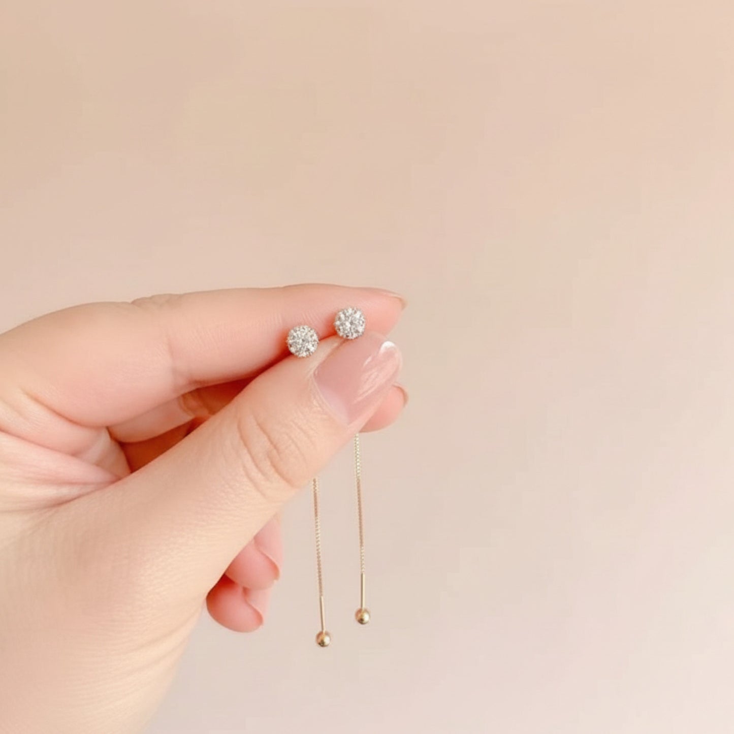 14K Real Gold Sparkling Six-Prong Long Tassel Threader Screw Back Earrings