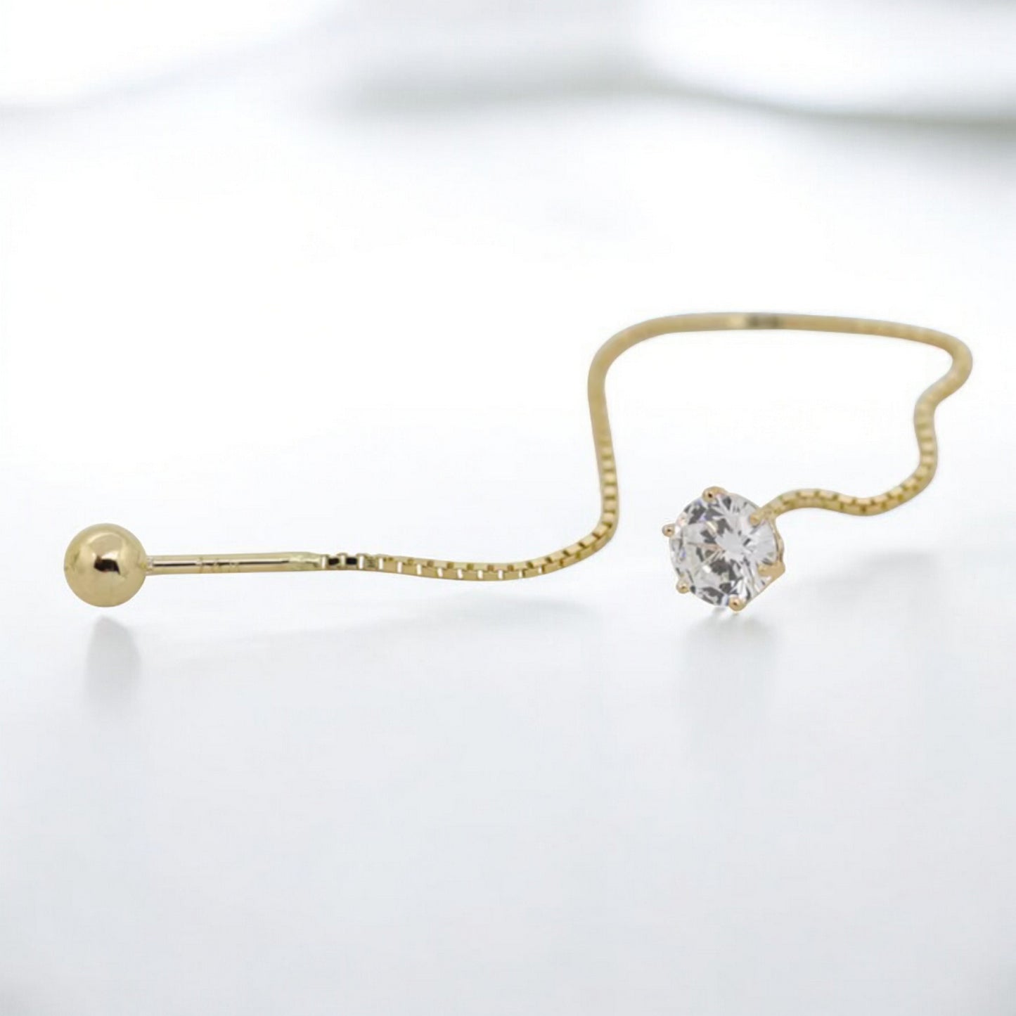 14K Real Gold Sparkling Six-Prong Long Tassel Threader Screw Back Earrings
