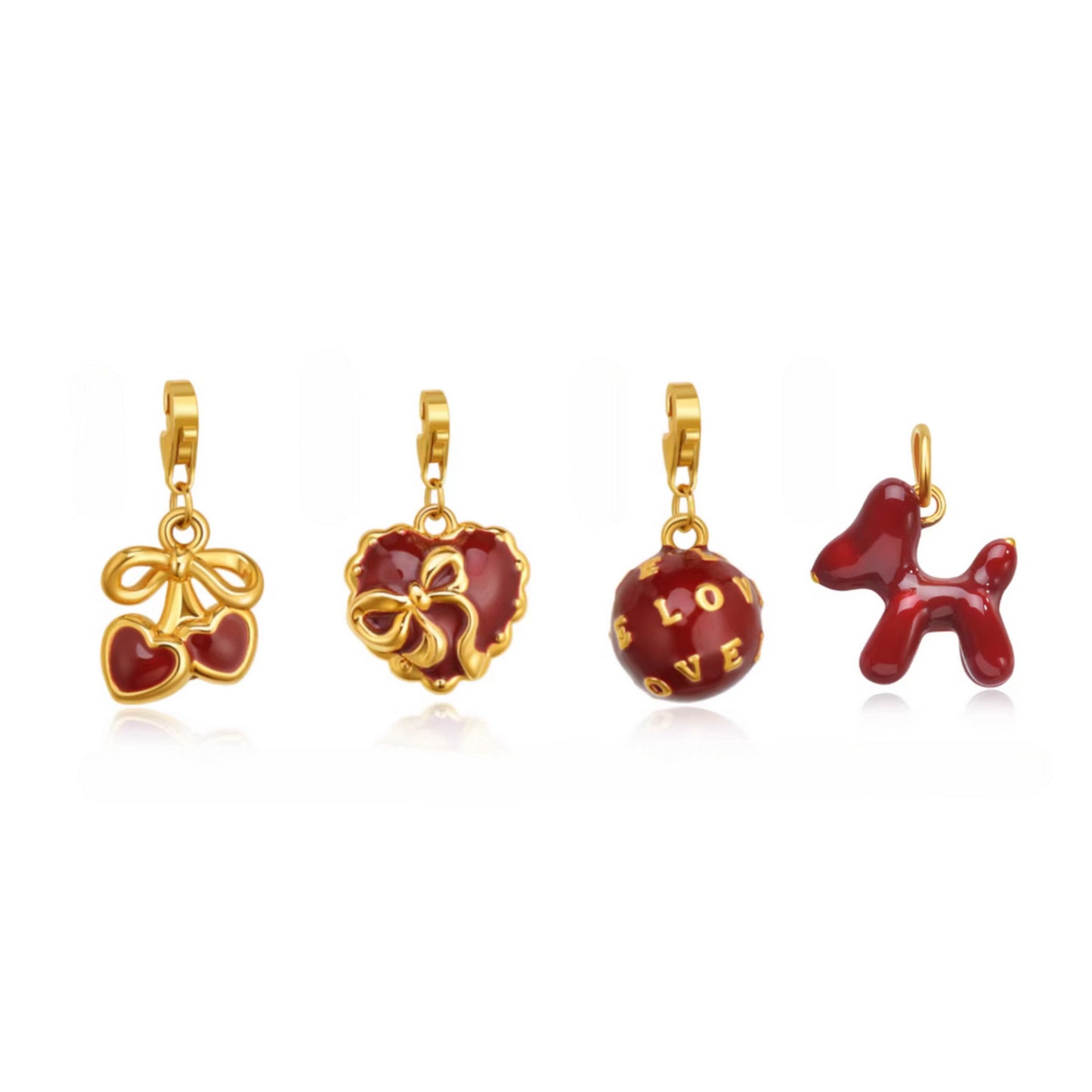 24k Real 5D 999 Gold D.I.Y Red Enamel Cherry Heart Dog Charm Accessories Gift