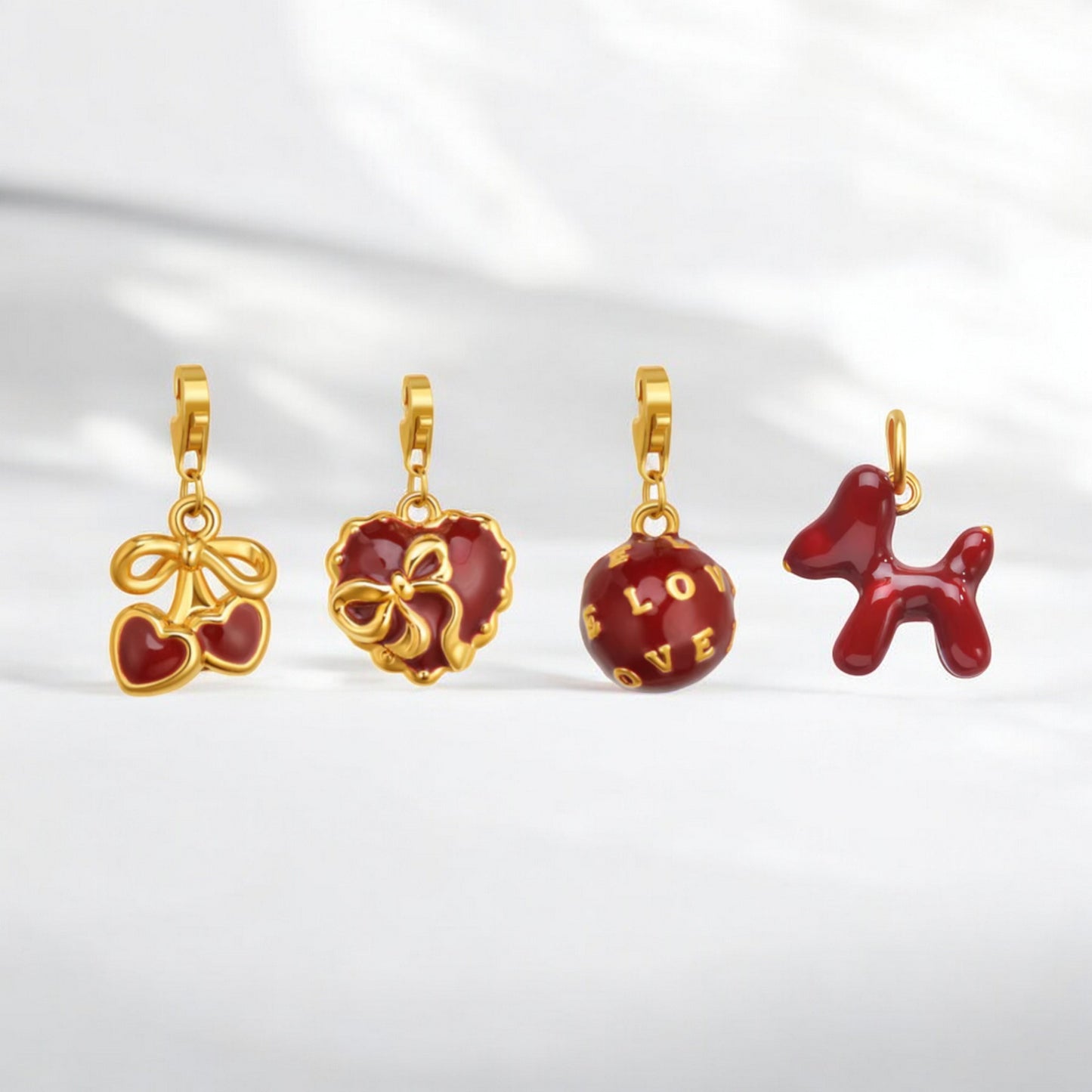 24k Real 5D 999 Gold D.I.Y Red Enamel Cherry Heart Dog Charm Accessories Gift