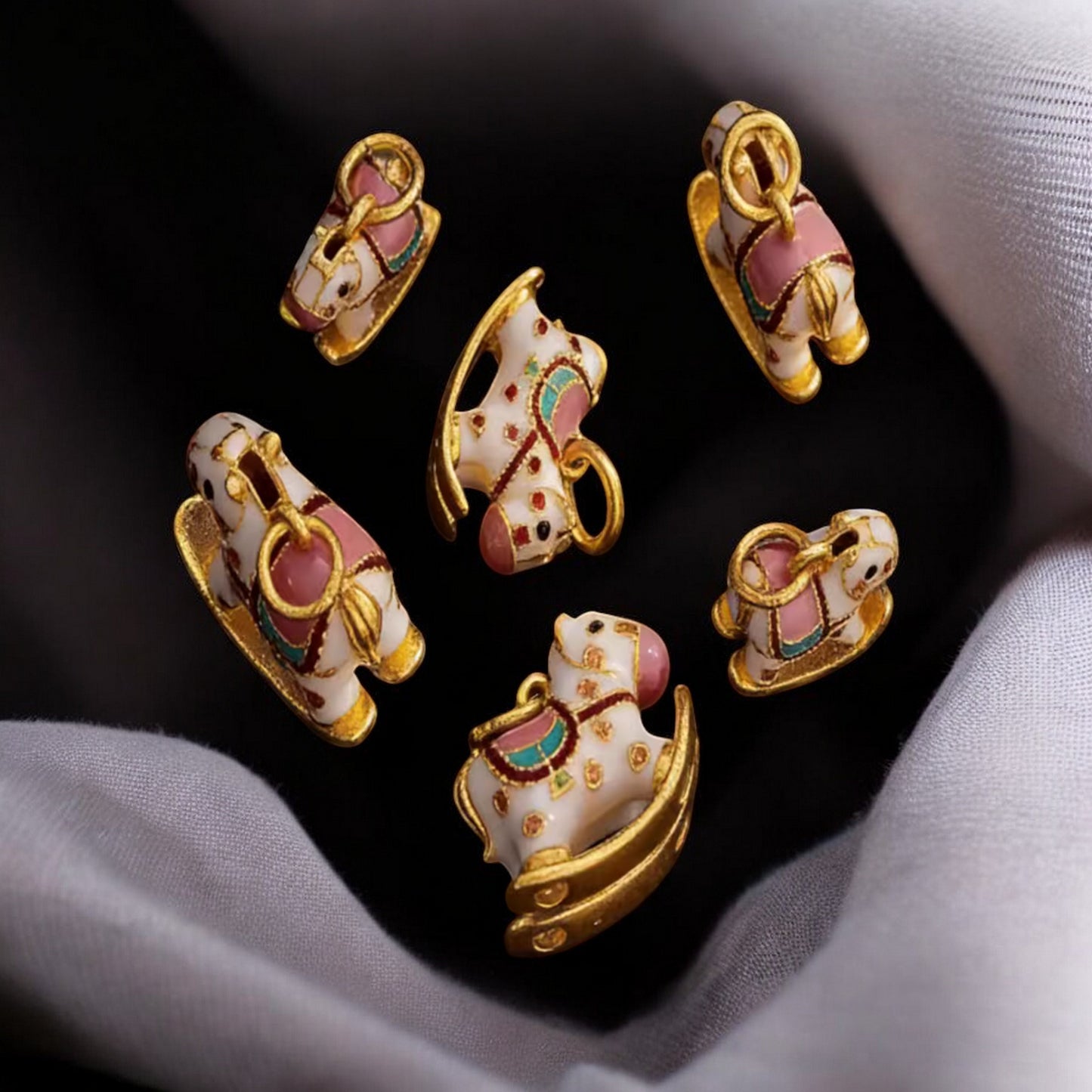 24K Real Gold Rocking Horse Pink Enamel Pendant Charm Baby Shower Gift