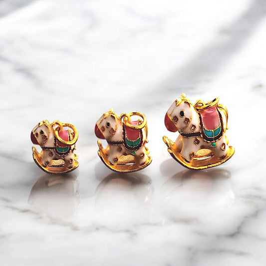 24K Real Gold Rocking Horse Pink Enamel Pendant Charm Baby Shower Gift