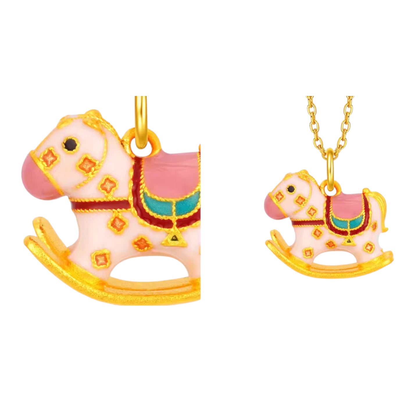 24K Real Gold Rocking Horse Pink Enamel Pendant Charm Baby Shower Gift