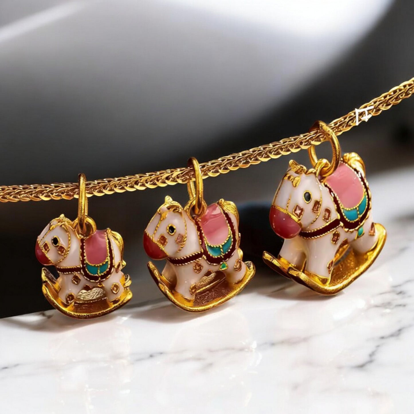 24K Real Gold Rocking Horse Pink Enamel Pendant Charm Baby Shower Gift