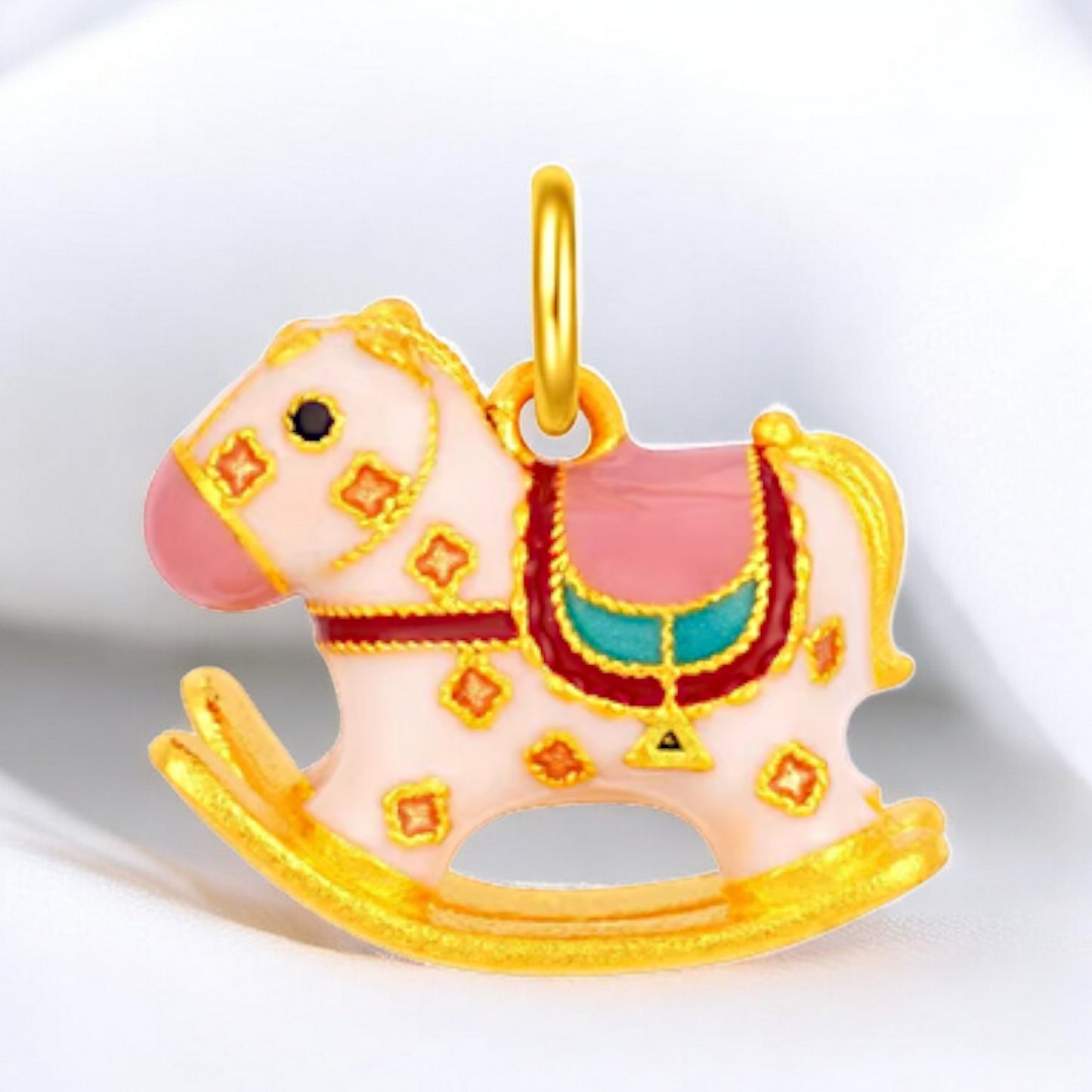 24K Real Gold Rocking Horse Pink Enamel Pendant Charm Baby Shower Gift
