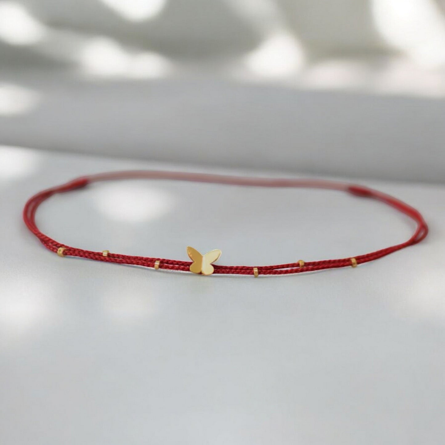 24k 999 Gold Butterfly Beads Charm Double Layer Red Braided Rope Bracelet Anklet