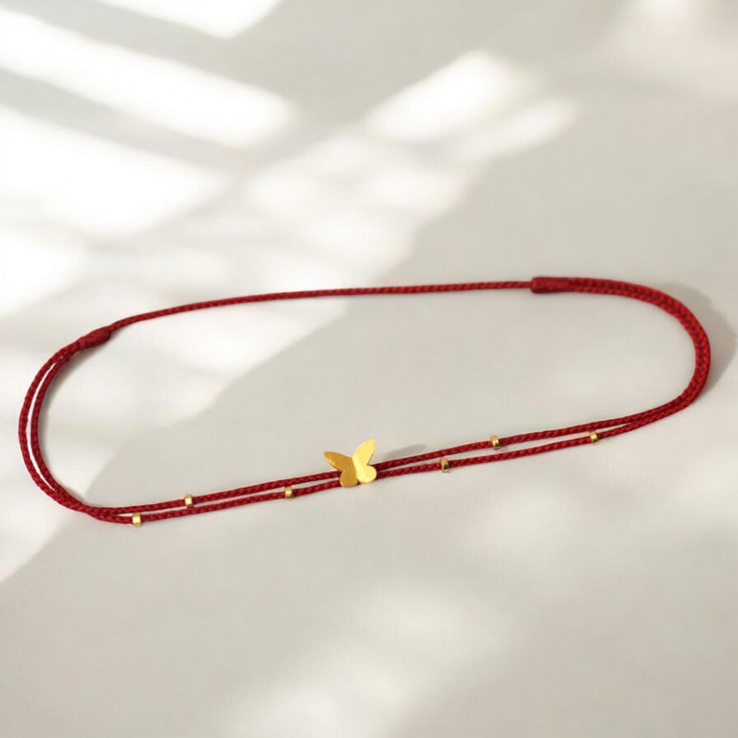 24k 999 Gold Butterfly Beads Charm Double Layer Red Braided Rope Bracelet Anklet