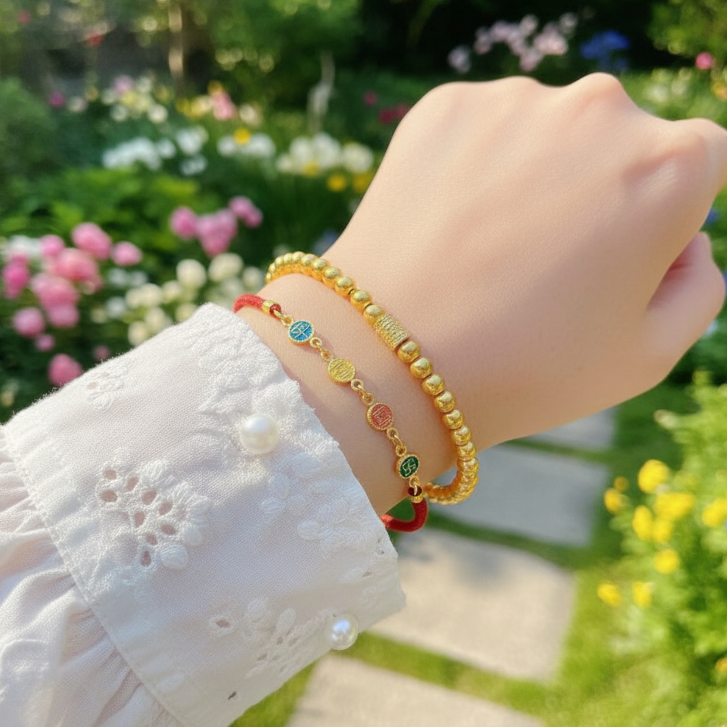 24k 999 Gold Enamel Chinese Word Peace and Joy Charm Rope String Bracelet