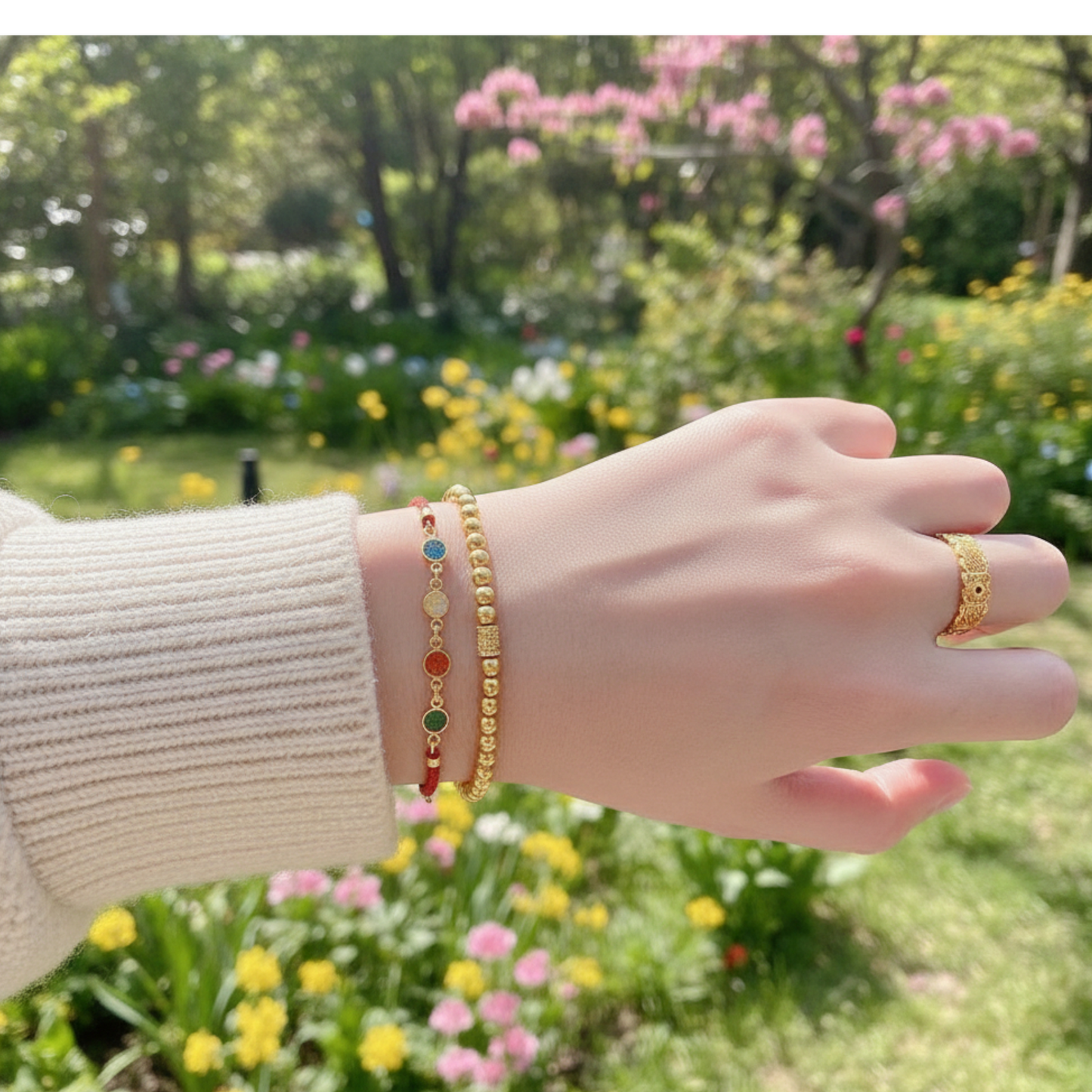 24k 999 Gold Enamel Chinese Word Peace and Joy Charm Rope String Bracelet