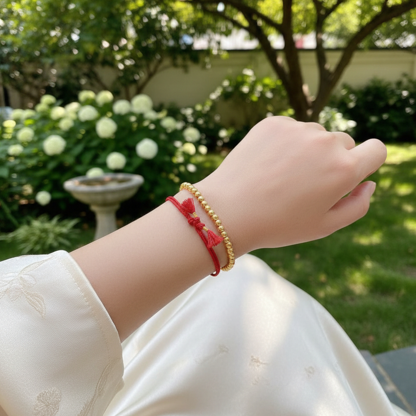 24k 999 Gold Enamel Chinese Word Peace and Joy Charm Rope String Bracelet