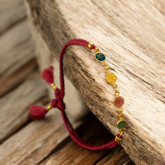 24k 999 Gold Enamel Chinese Word Peace and Joy Charm Rope String Bracelet