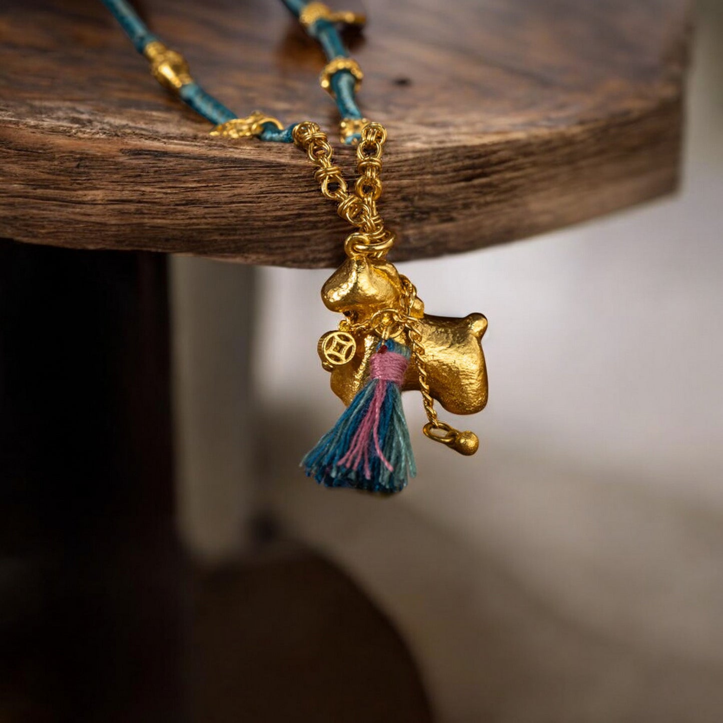 24k 999 Gold Traditional Bring Wealth Horse Charm Hand-Woven Rope Necklace